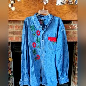 Mens Christmas Denim Button Down Shirt with Embroidered Accents 3XL